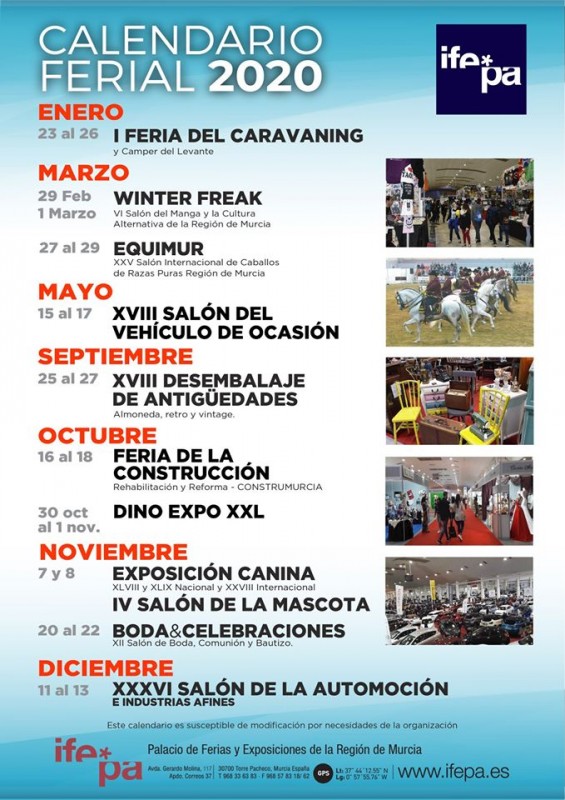 <span style='color:#780948'>ARCHIVED</span> - Calendar of shows at the IFEPA fairground Torre Pacheco for 2020