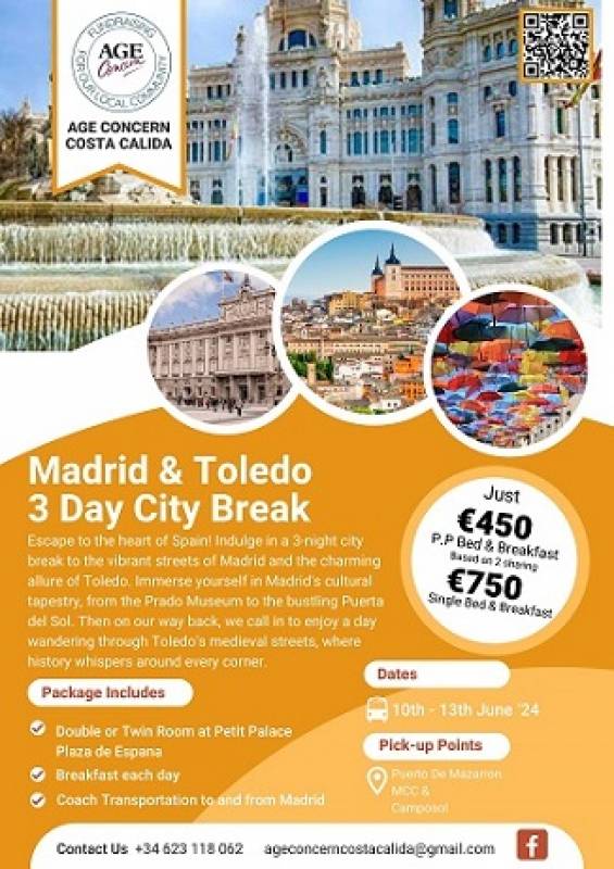 June 10 to 13 Age Concern 3-day city break to Madrid, featuring a captivating day trip to Toledo