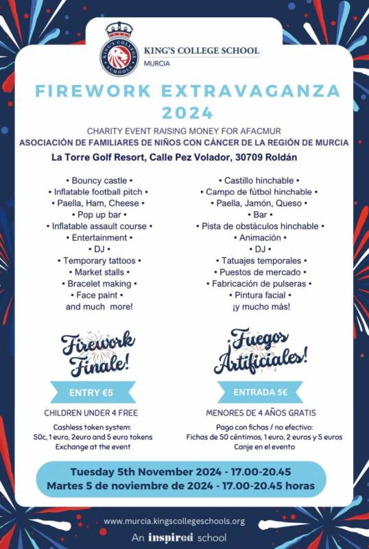 November 5 Fireworks night hosted by Kings College Murcia: All welcome